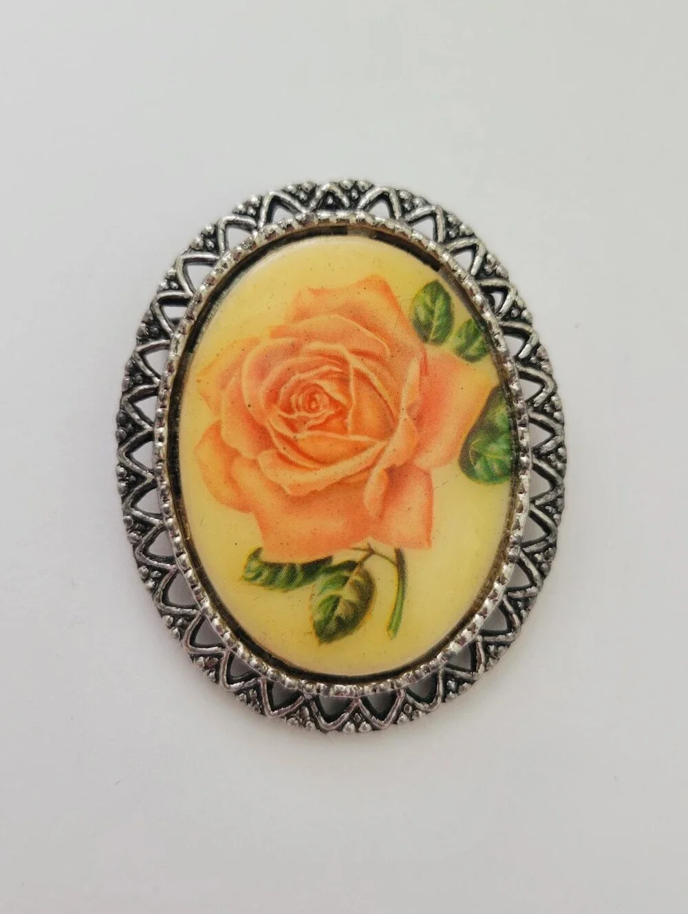 Vintage Rose Floral Cameo Brooch Pin Pendant Porcelain Silver Tone Feminine